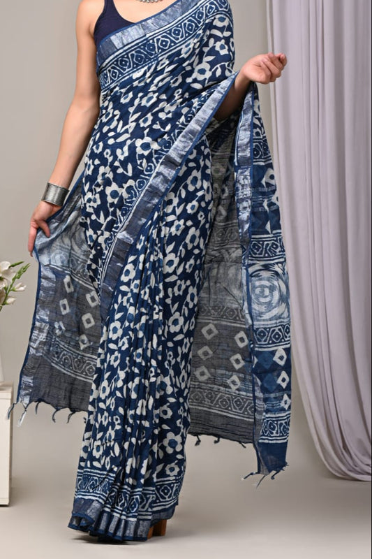Pure Linen Hand Block Printed Saree - Dark Team with White Flowers