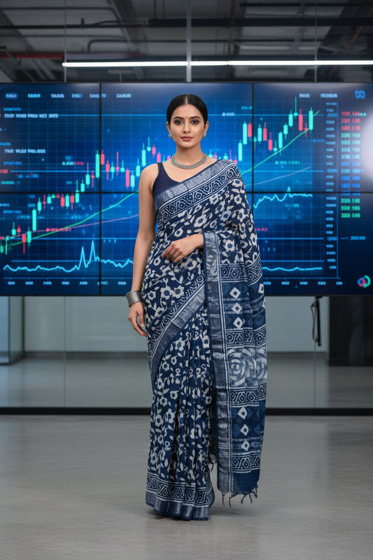 Linen Cotton Hand Block Printed Saree - Blue with White Flowers