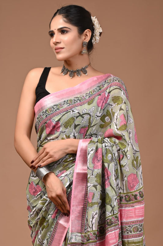 Linen Cotton Hand Block Printed Saree - Sanganeri Green