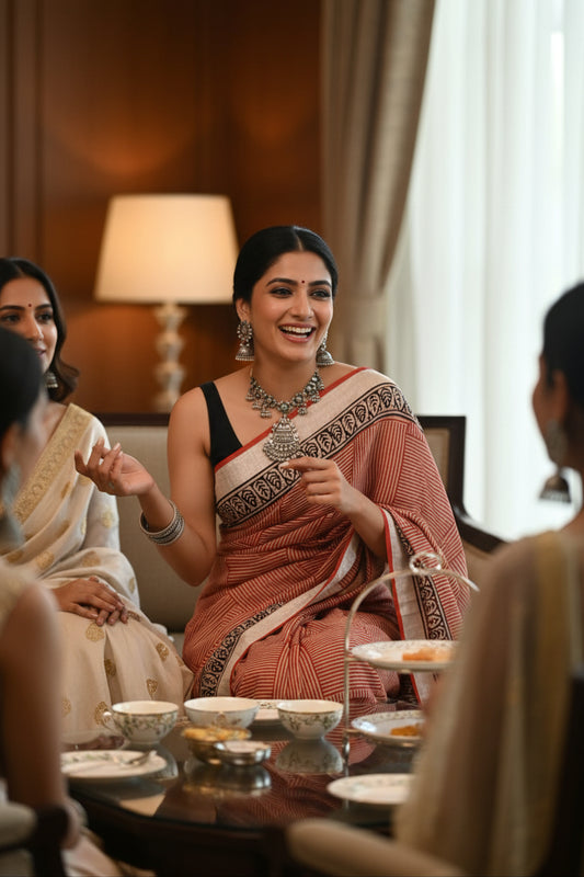 Linen Cotton Hand Block Printed Saree - Geometric Red Lines
