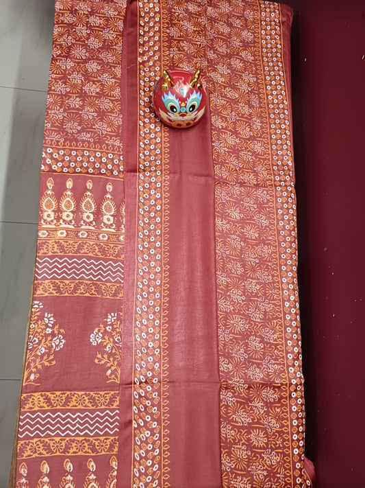 Modal Muslin Double Block Print Saree - Red