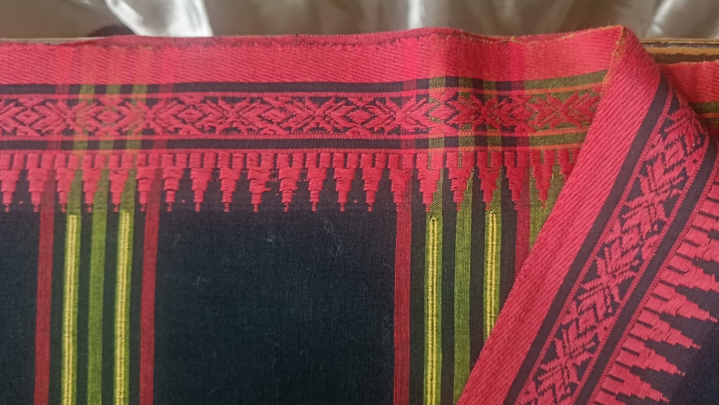 Soft Handloom Cotton with Temple Border - Bottle Green
