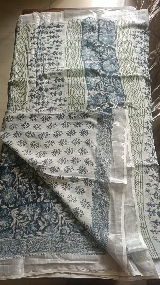 Linen Cotton Hand Block Printed Saree - Sanganeri Blue