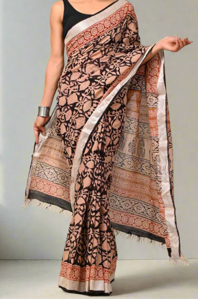Linen Cotton Hand Block Printed Saree - Bagru Print
