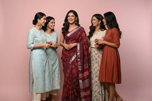 Linen Cotton Hand Block Printed Saree - Maroon