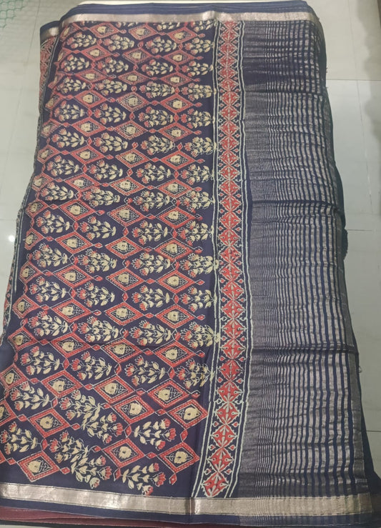 Art Silk Crepe Naphthol Block Print Saree - Deep Blue