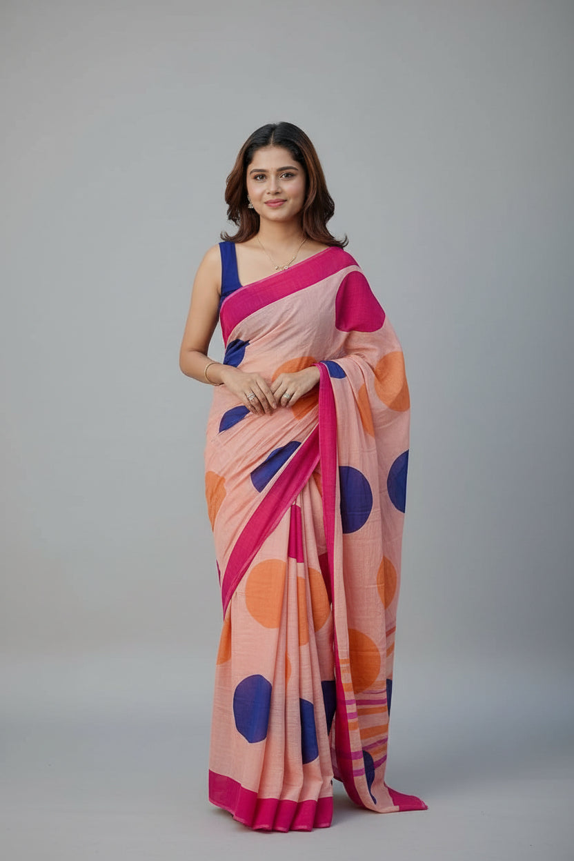 Pure Mulmul Cotton Saree - Hand Block Printed - Peach Polka