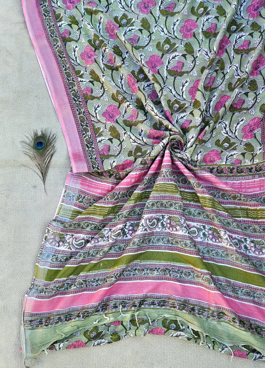 Linen Cotton Hand Block Printed Saree - Sanganeri Green