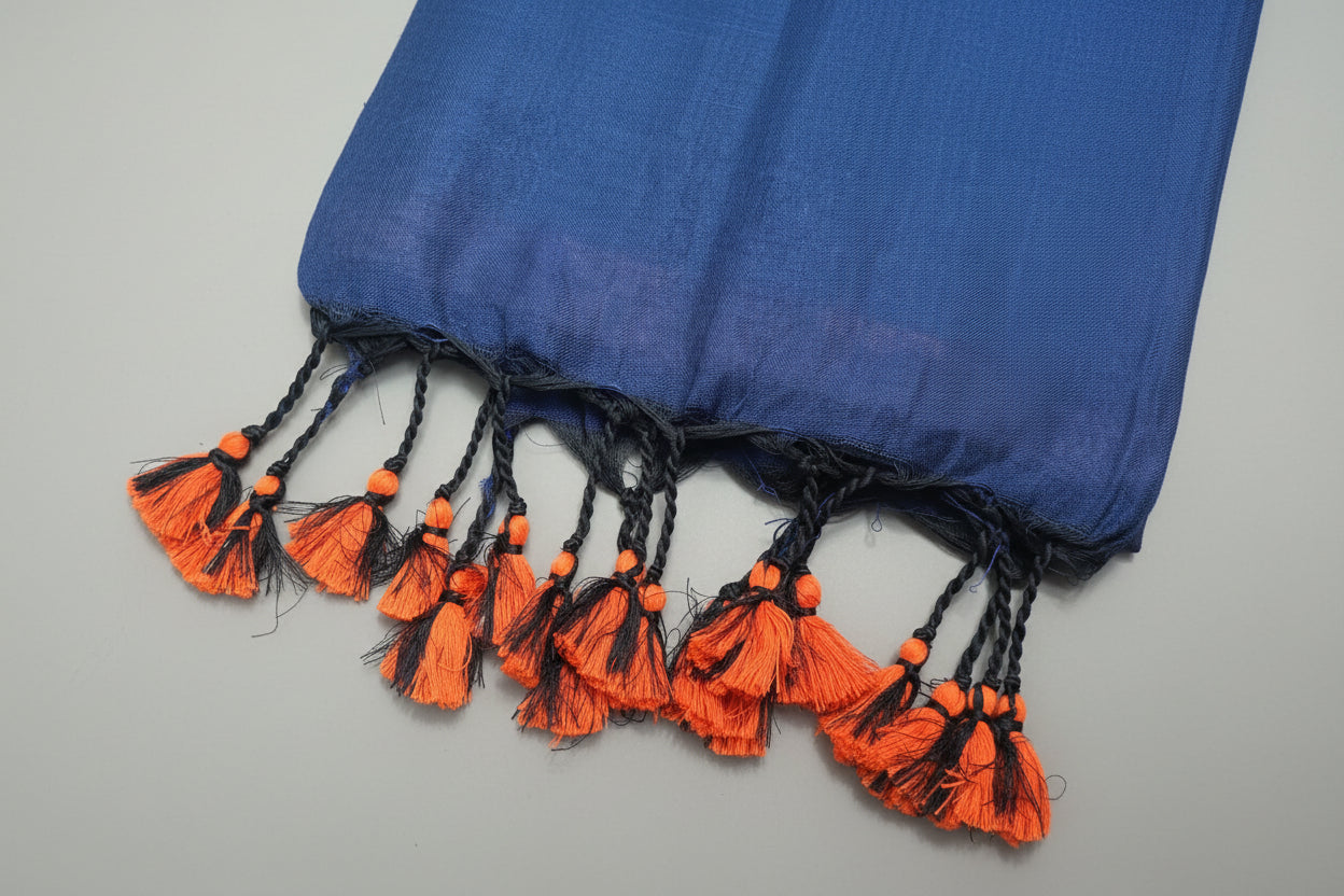 Half and Half Handloom Saree - Orange with Blue Pallu