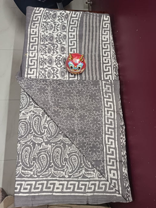 Cotton Jaipur Block Dabu Print Saree - Brownish Grey