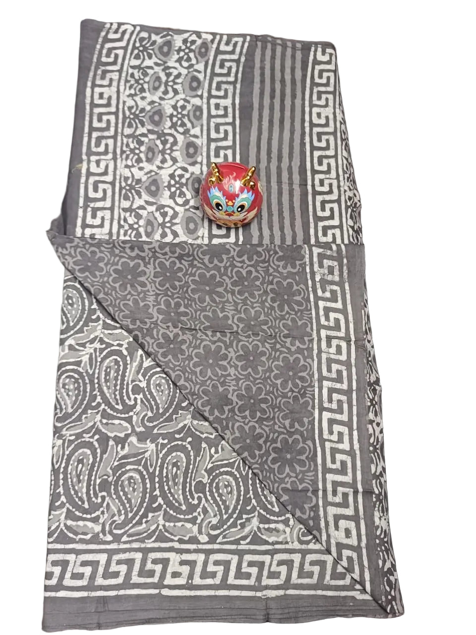 Brownish Grey Cotton Jaipur Block Dabu Print Saree