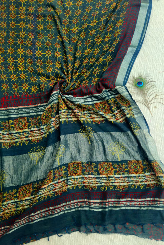 Linen Cotton Hand Block Printed Saree - Dark Green