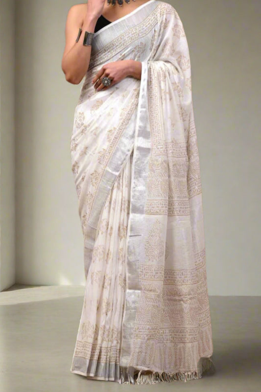 Pure Linen Hand Block Printed Saree - White with Golden Blocks