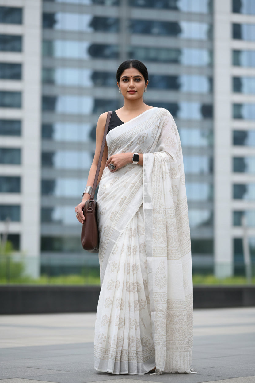 Linen Cotton Hand Block Printed Saree - White with Golden Blocks