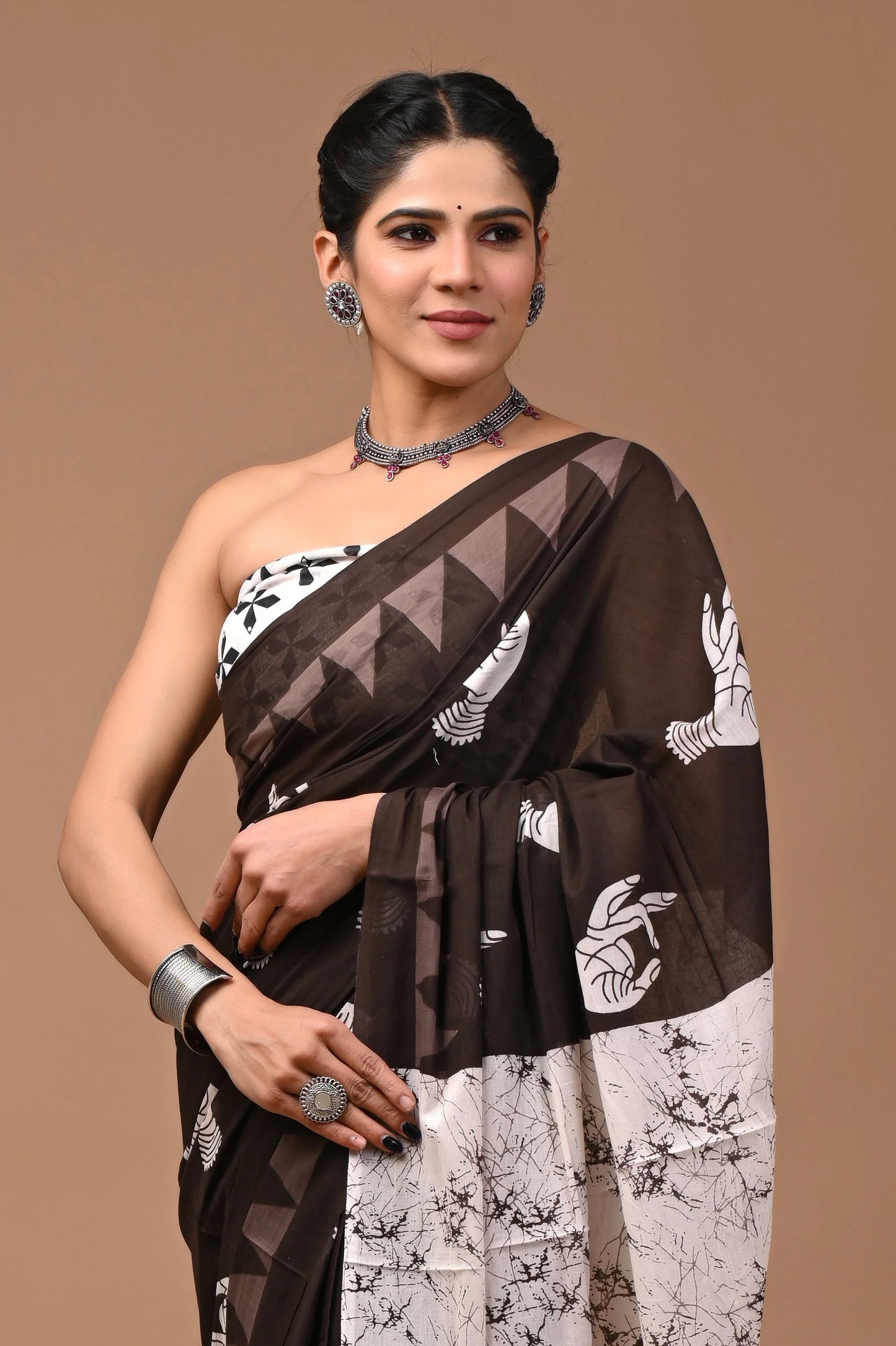 Pure Mulmul Cotton Saree - Hand Block Printed - Coca Cola