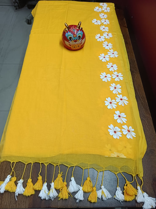 Pure Mulmul Cotton Hand-painted Saree - Yellow