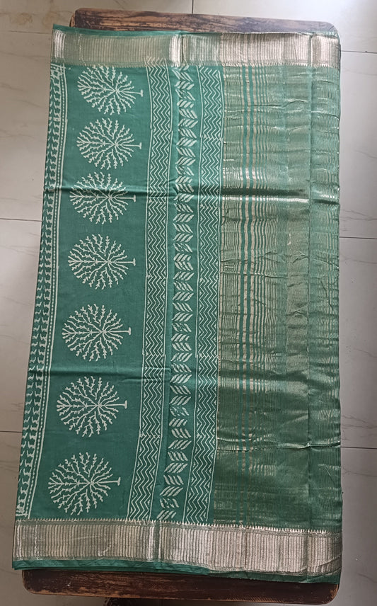 Art Silk Maheshwari Hand Block Print Saree - Sea Green