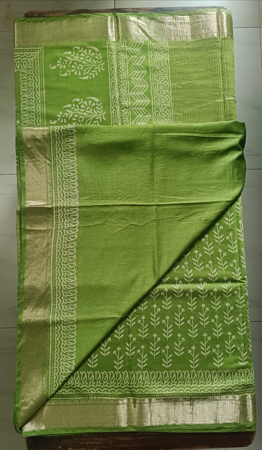 Art Silk Maheshwari Hand Block Print Saree - Light Green