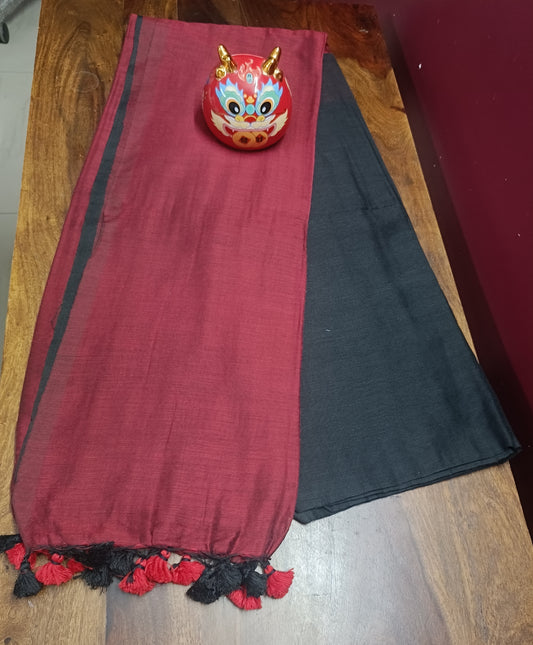Half and Half Handloom Saree - Black with Red Pallu