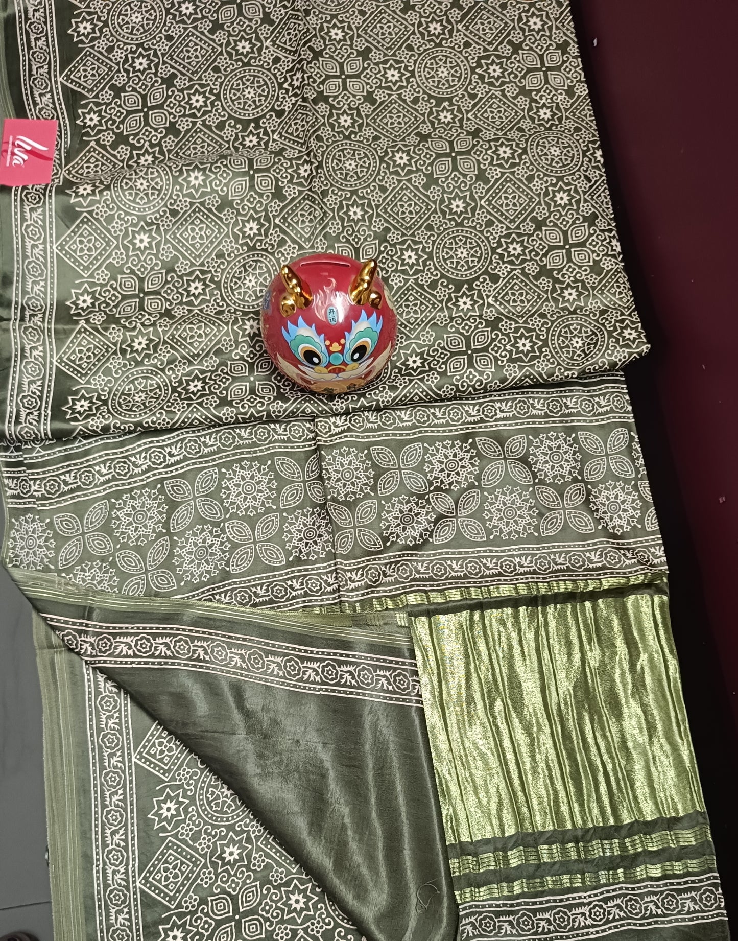 Gajji Silk Lagdi Patta Block Print Saree - Olive