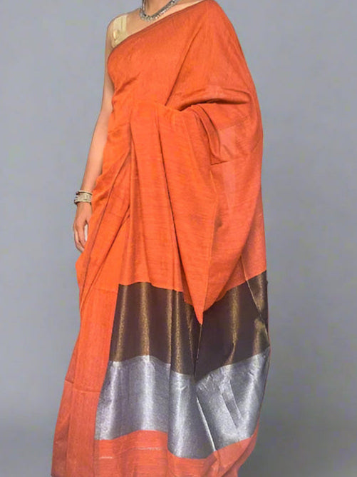 Plain Saree with Multi-Layer Zari Pallu - Orange