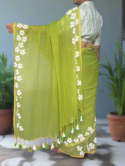 Pure Mulmul Cotton Hand-painted Sarees - Green