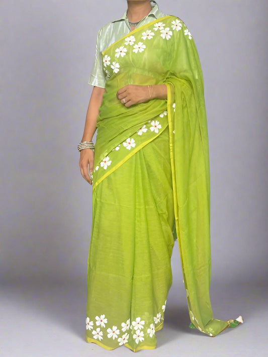 Pure Mulmul Cotton Hand-painted Sarees - Green