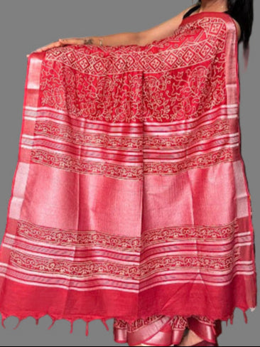 Art Linen Block Print Saree - Red