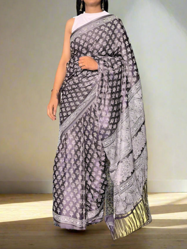 Gajji Silk Lagdi Patta Block Print Saree - Dark Purple
