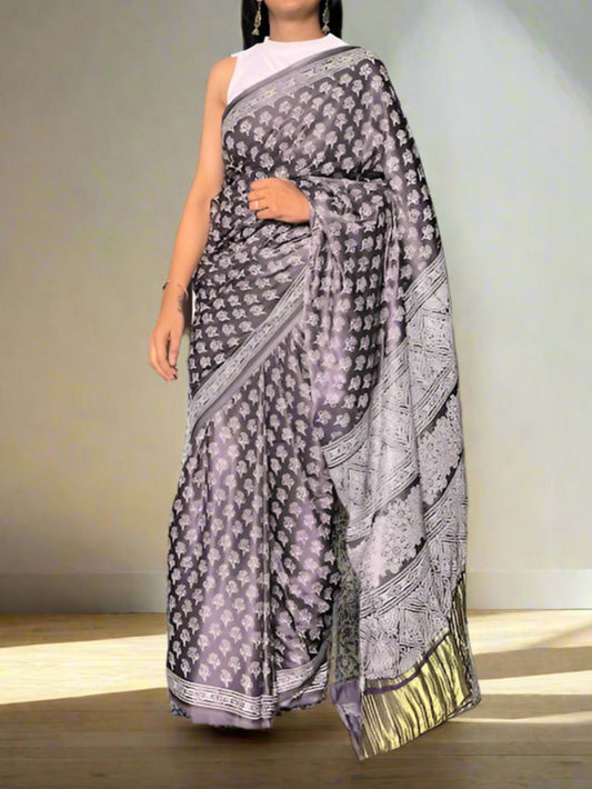 Gajji Silk Lagdi Patta Block Print Saree - Dark Purple