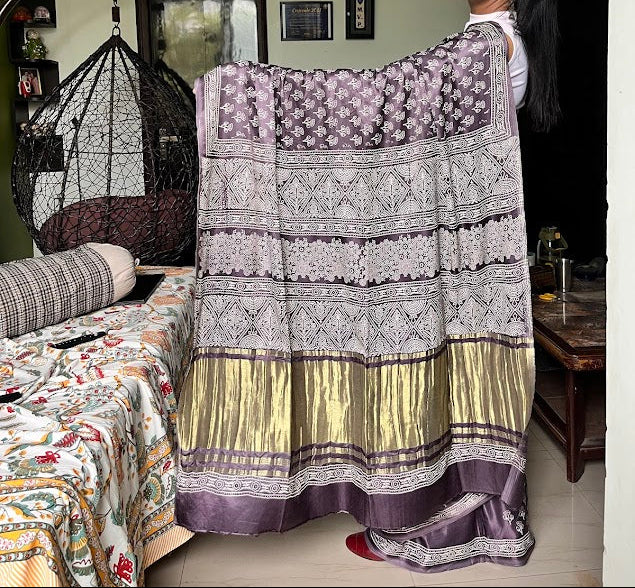 Gajji Silk Lagdi Patta Block Print Saree - Dark Purple