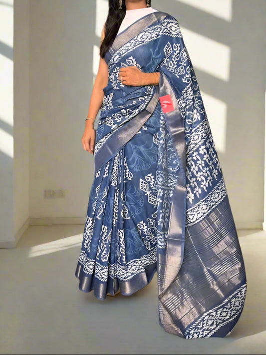 Art Silk Maheshwari Dabu Indigo Print - Liva Fabric