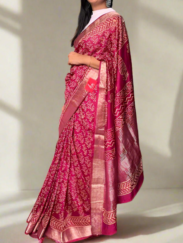 Art Silk Maheshwari Block Print Saree