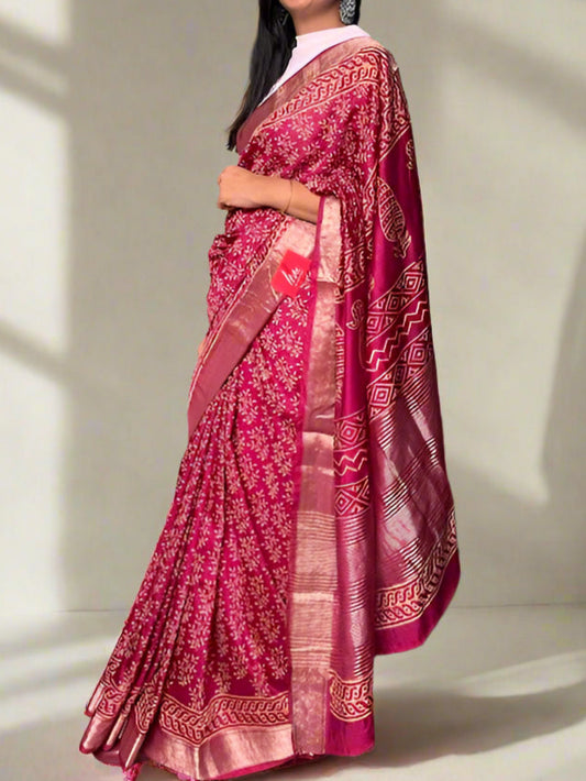 Art Silk Maheshwari Block Print Saree
