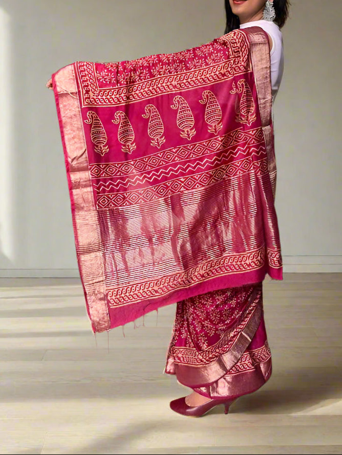 Art Silk Maheshwari Block Print Saree