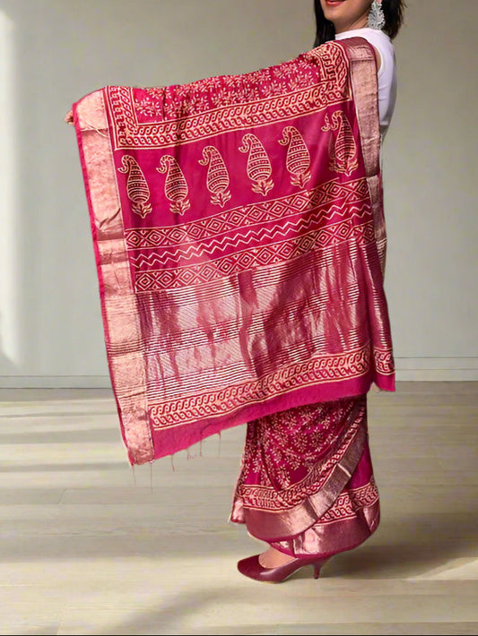 Art Silk Maheshwari Block Print Saree
