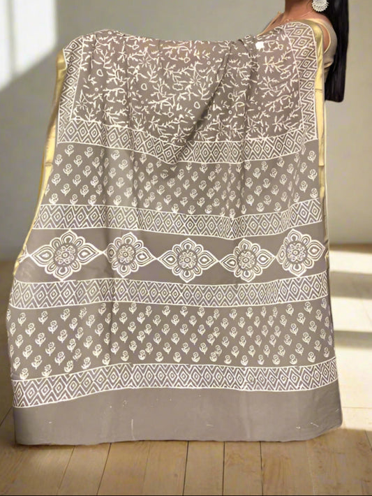 Cotton Jari Border Block Print Sarees - Khakee