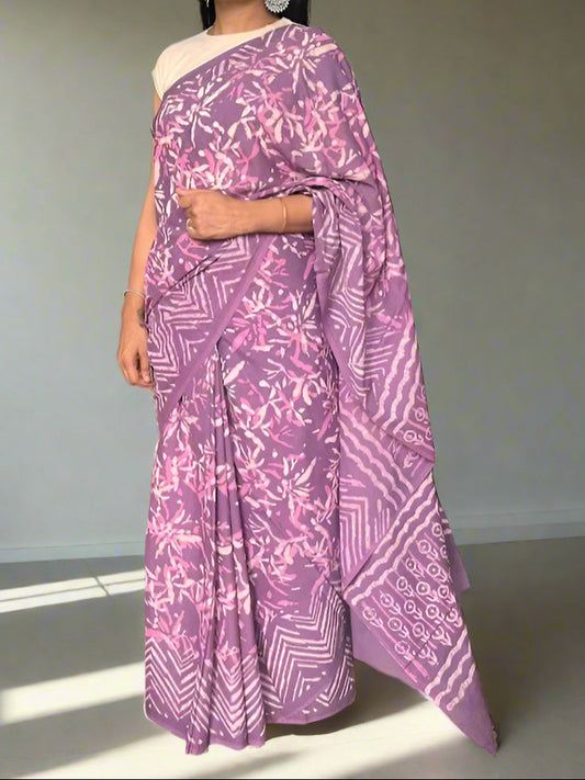 Cotton Jaipur Block Dabu Print Saree - Pink