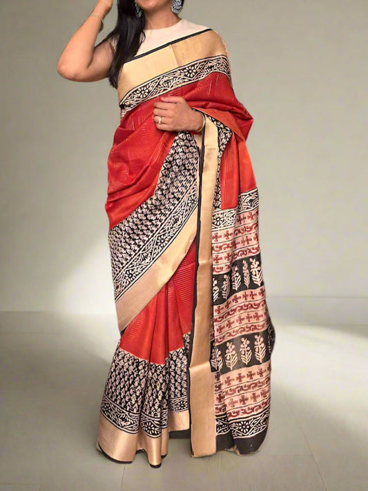 Russian Silk Jacquard Checks Bagru Print Saree - LIVA Fabric