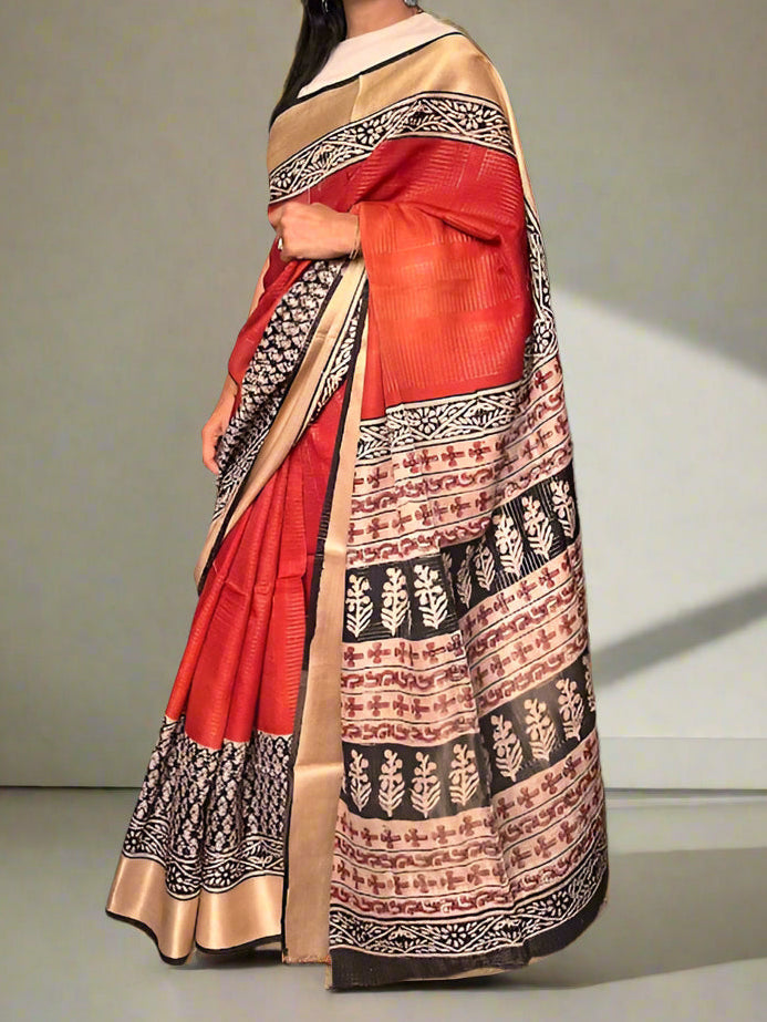 Russian Silk Jacquard Checks Bagru Print Saree - LIVA Fabric