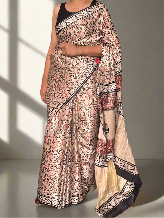 Gajji Silk Tissue Patta Bagru Print Saree