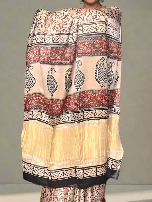 Gajji Silk Tissue Patta Bagru Print Saree
