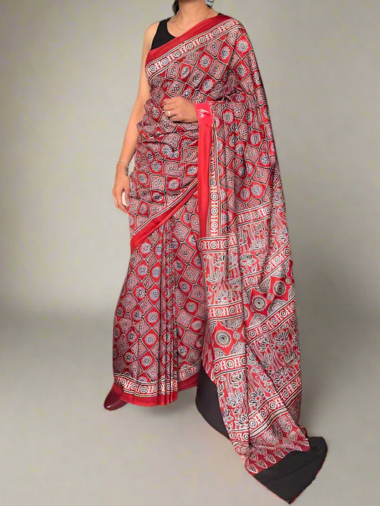 Modal Muslin Ajrakh Print Saree - Red