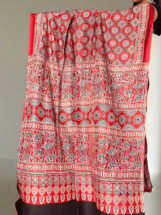 Modal Muslin Ajrakh Print Saree - Red