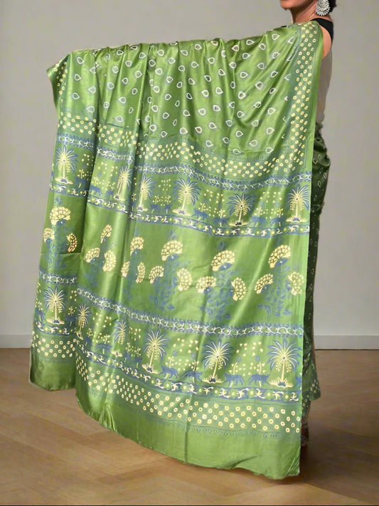 Modal Muslin Double Block Print Saree - Green