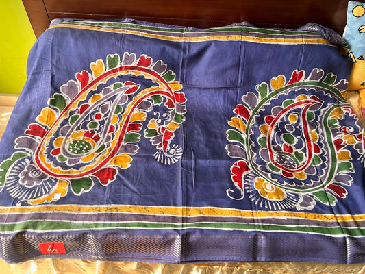Maheshwari Batik Hand Print Saree - Blue with Ambi