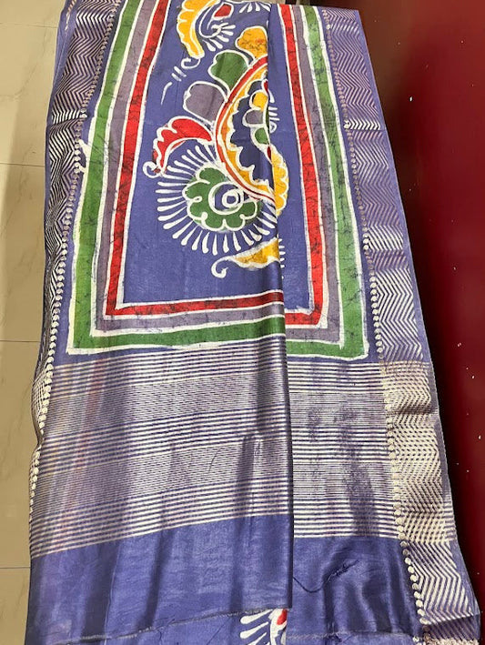 Maheshwari Batik Hand Print Saree - Blue with Ambi