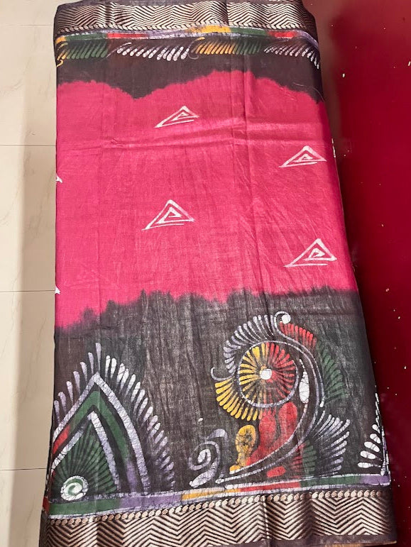 Maheshwari Batik Hand Print Saree - Maroon