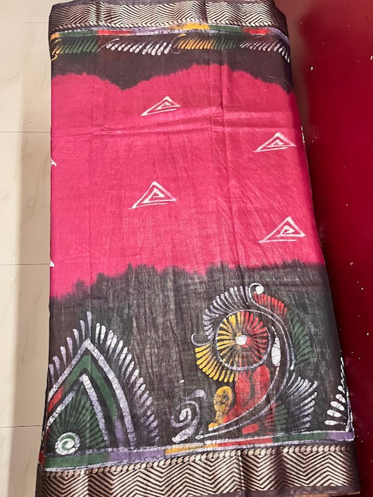 Maheshwari Batik Hand Print Saree - Maroon