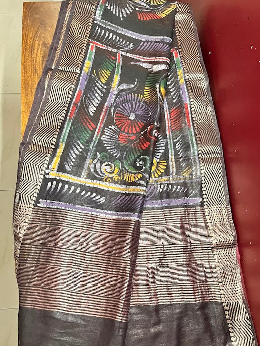 Maheshwari Batik Hand Print Saree - Wine